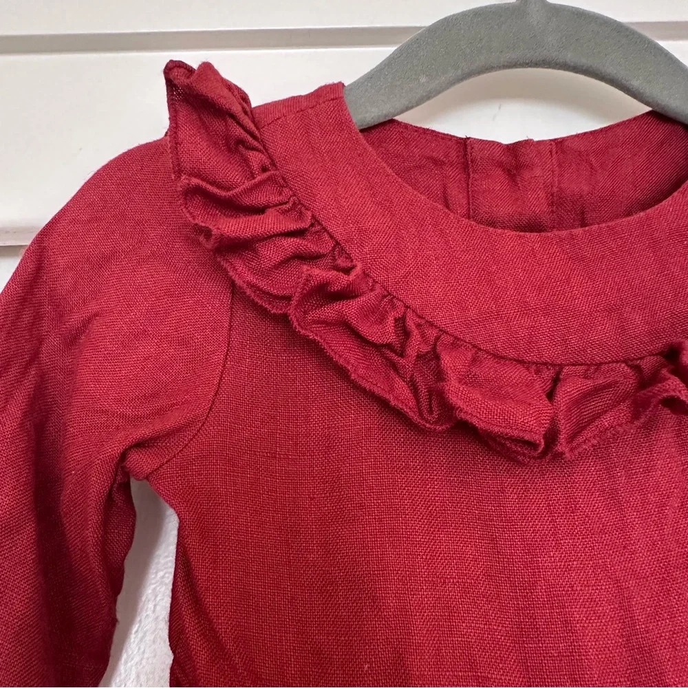 Ruffled Burgundy Linen Baby Romper‎
